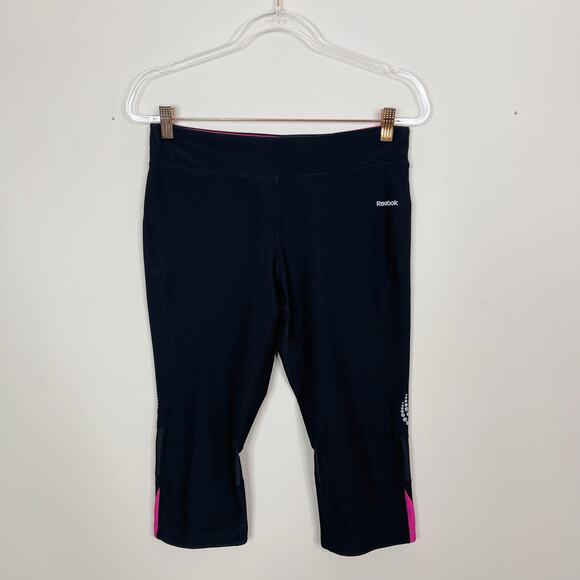 Reebok Womens Medium M Black Pink Cropped Capri Leggings Mesh Back Activewear - Picture 2 of 9